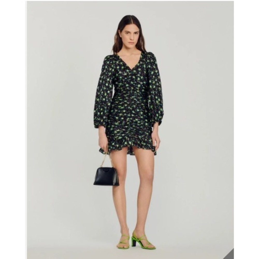 Sandro Paris Floral Ruched Mini Dress Garden Party Wedding Black Floral Size 8